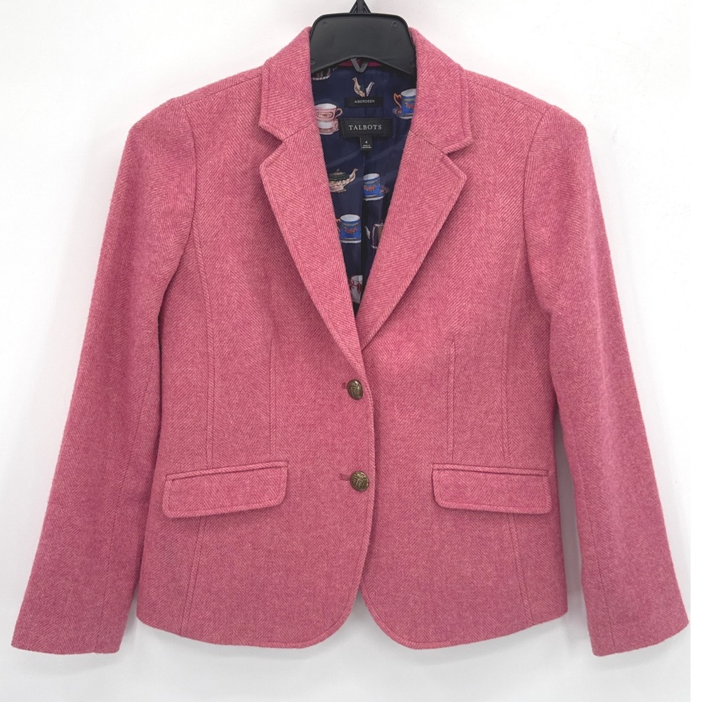 Talbots Women Blazer 4 Pink Herringbone Jacket Aberdeen Wool Blend Teacup Lining